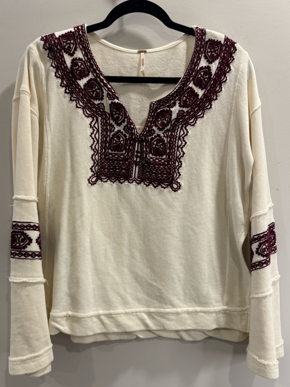 Free People Santa Maria Boho Embroidered Peasant French Terry Top Size Small